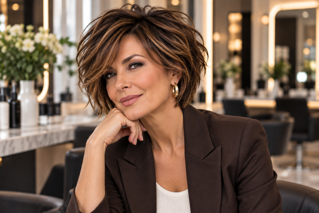 Woman over 50 with a polished textured brunette bixie haircut with soft layers and side-swept fringe.