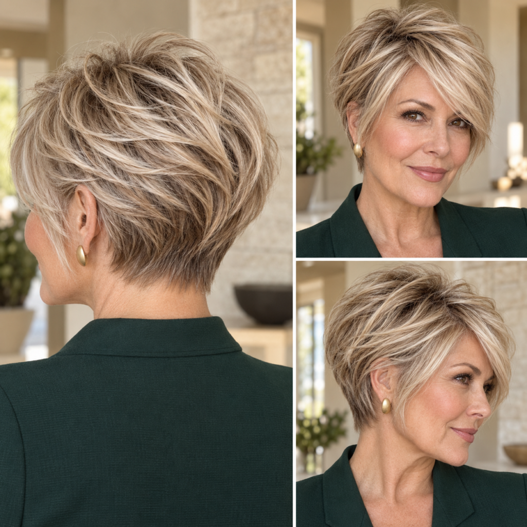 Layered silver pixie haircut with gentle crown lift for fine hair after 50