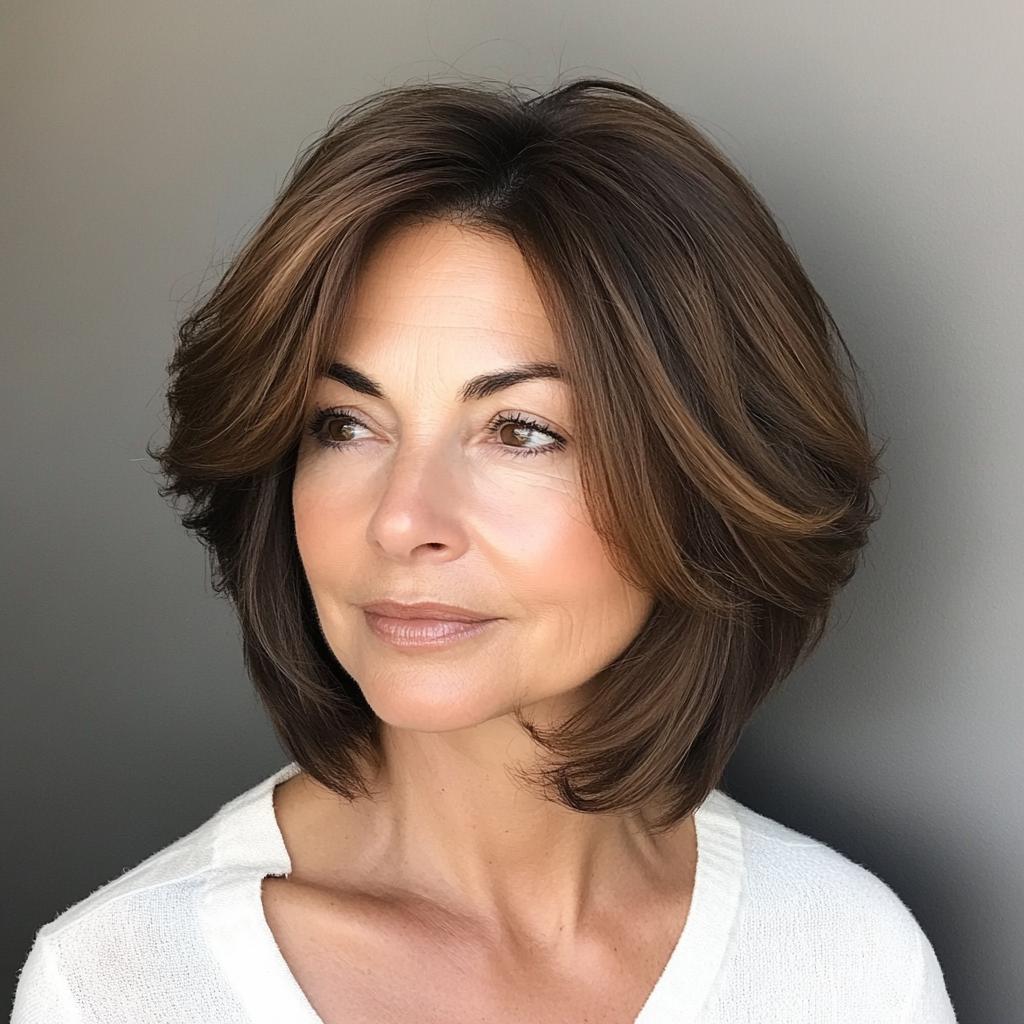 soft shag haircut for fine hair over 50 with airy layers and a strong, fuller-looking perimeter