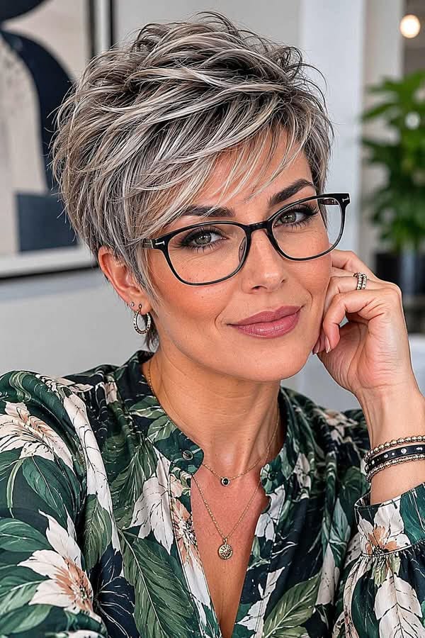 Short textured crop with soft crown volume styled with statement glasses