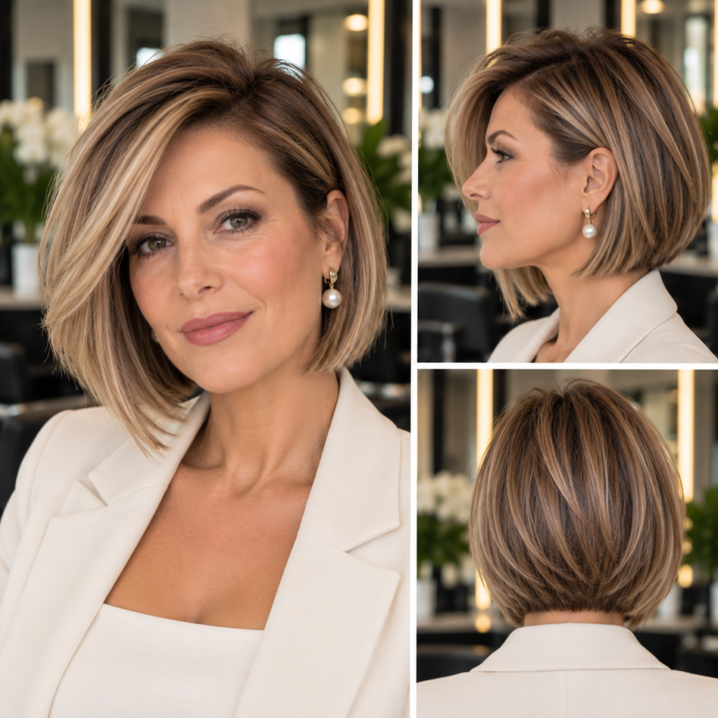Chin-length bob with strategic face-framing layers for thin hair
