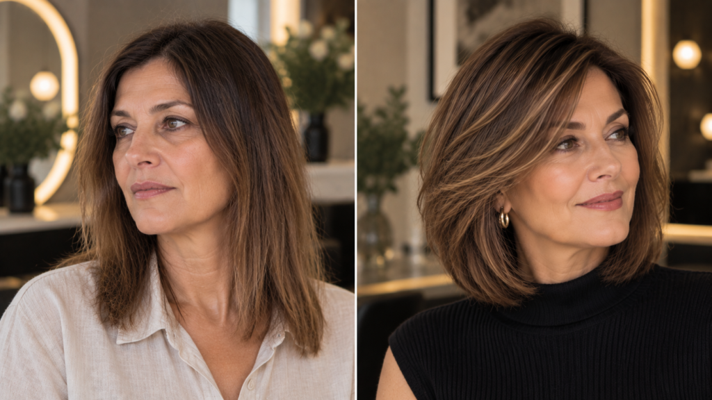 Fine hair with a flat shape compared with a structured layered lob that maintains natural-looking fullness