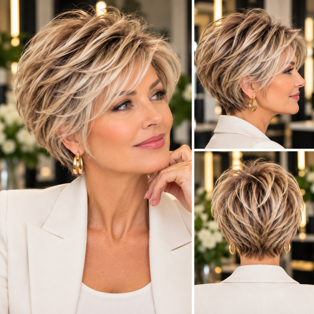 Multi-view collage of a soft blonde pixie bob with delicate layers that add volume to fine hair