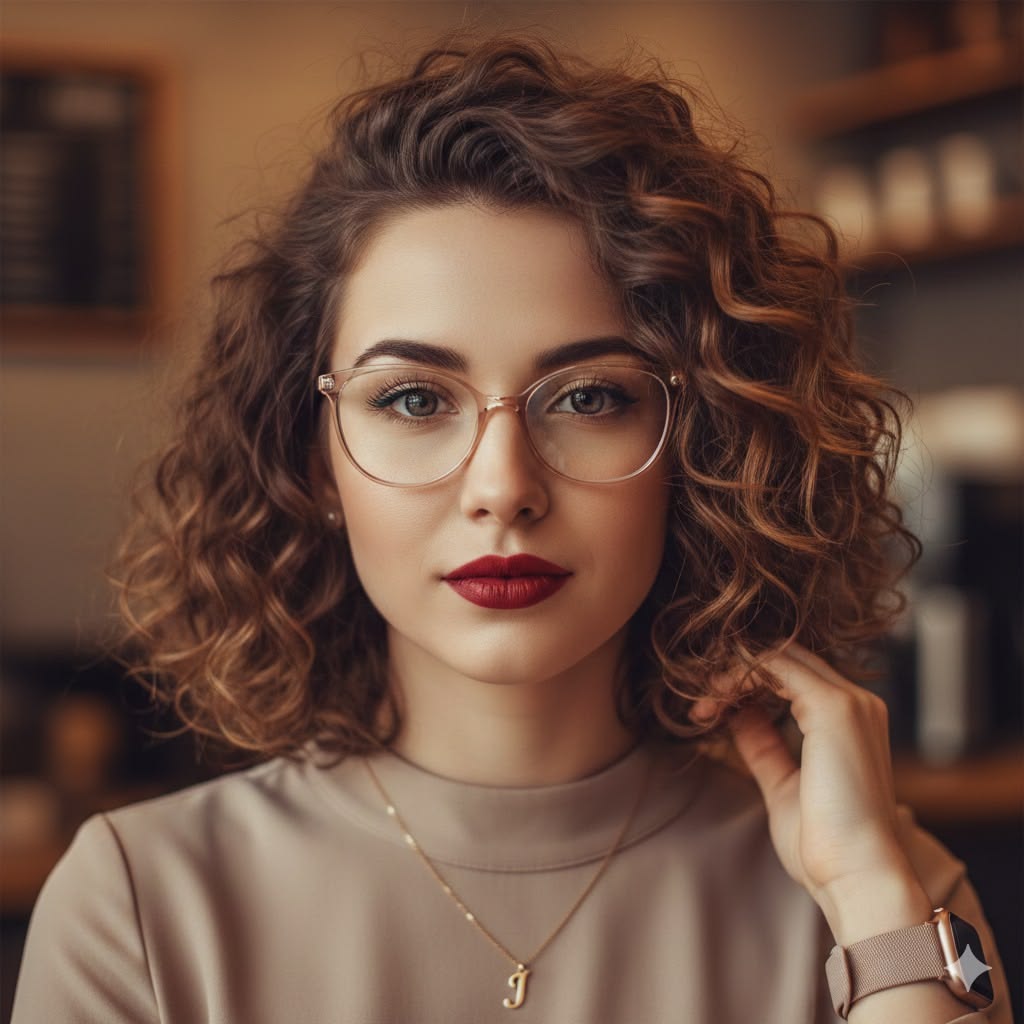 Curly bob haircut with natural volume and flattering eyeglasses