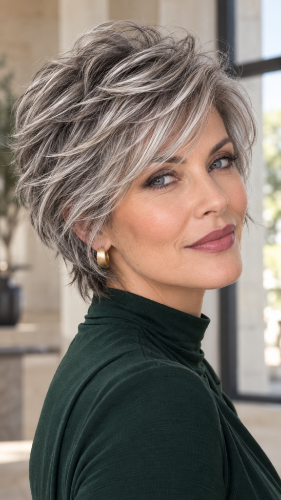 Side-parted medium haircut for fine hair over 50 with soft layers and natural movement