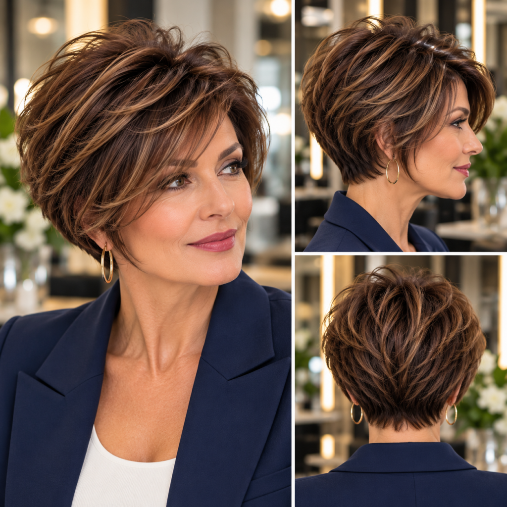 Stacked brunette pixie bob with a rounded graduated back and soft face-framing layers