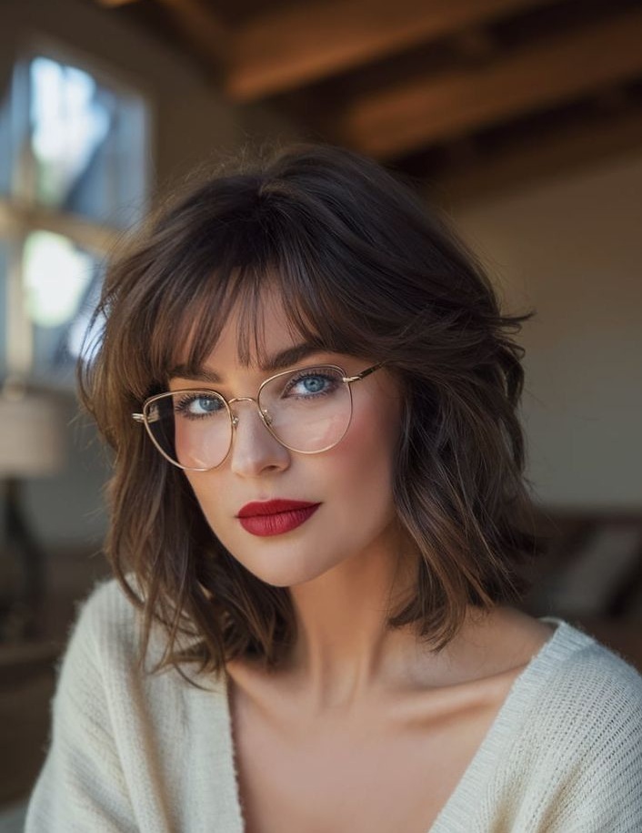 Collarbone-length haircut with soft face-framing pieces and eyeglasses