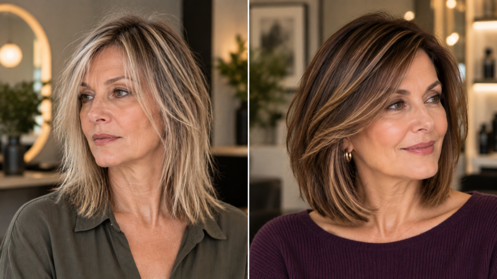 Fine hair with a thin wispy fringe compared with a fuller side-swept shape that preserves more density