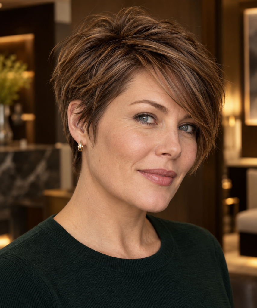 Textured chestnut long pixie with side-swept fringe and crown lift