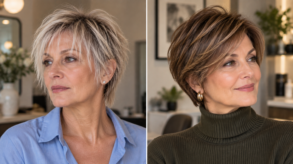 Fine hair with very short crown layers compared with longer crown layers that create softer natural lift