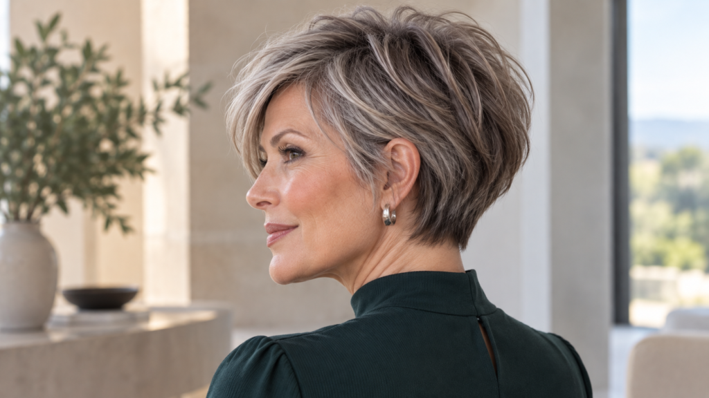 Layered pixie haircut for fine hair with soft crown lift