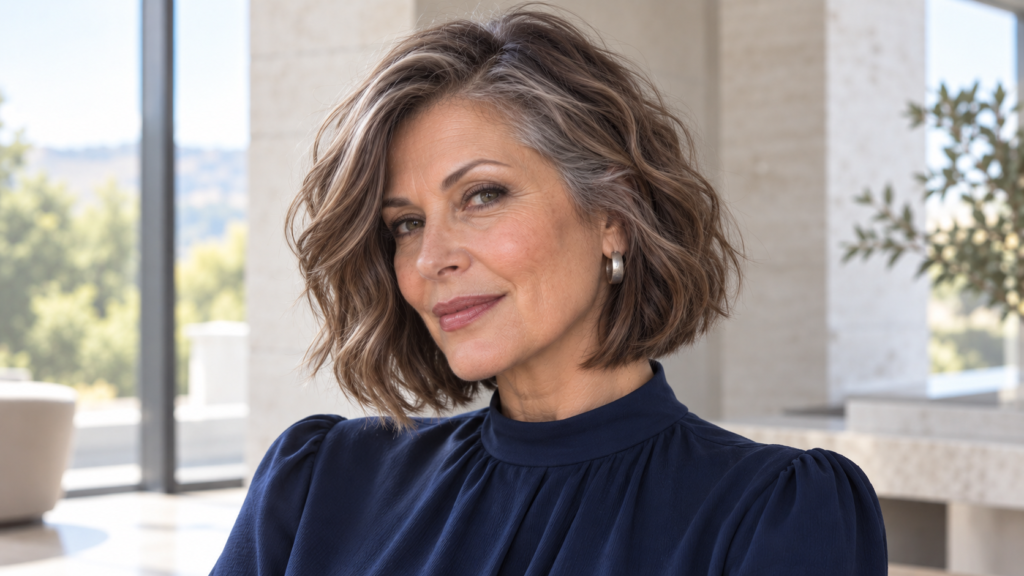 Soft wavy bob for women over 50 with fine hair and a strong perimeter