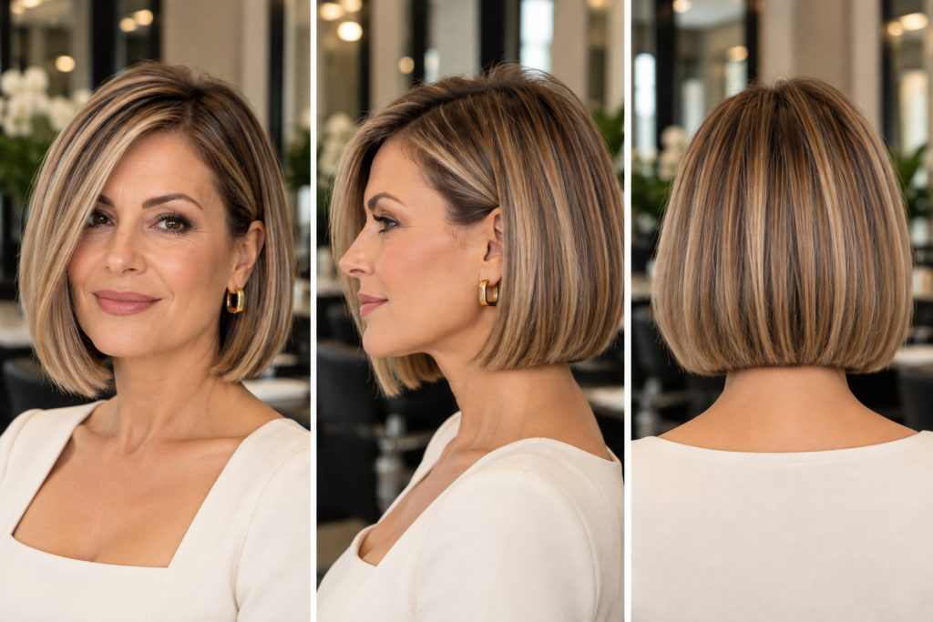 Blunt bob with a strong perimeter that makes thin hair look fuller