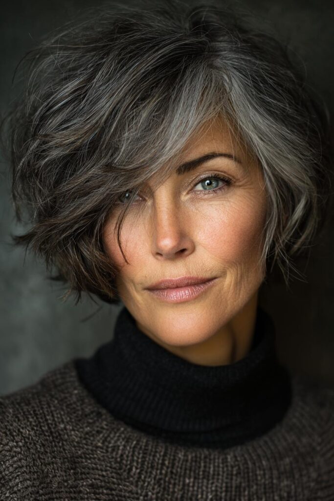 Mature woman with a short ash brown bixie and delicate silver highlights around the temples.