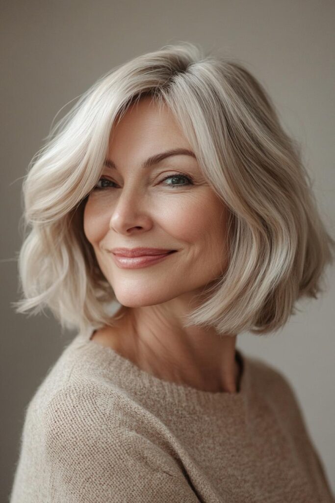 Woman over 50 with a champagne blonde layered bob and softly blended natural gray hair.