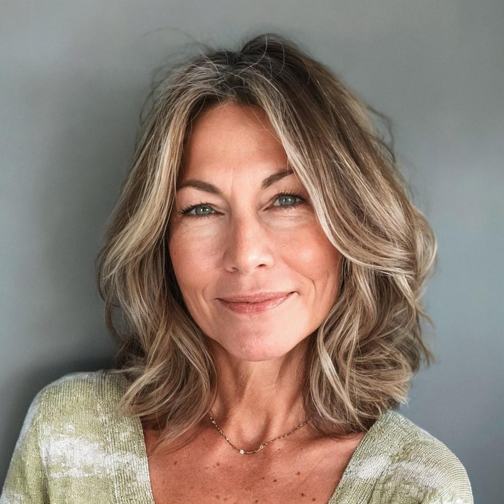 Woman over 50 with a dimensional bronde lob featuring fine beige blonde highlights and subtle gray blending.