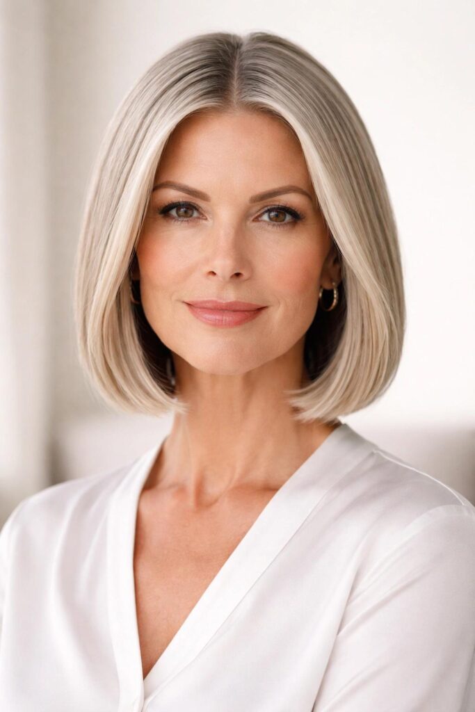 Woman over 50 with a pearl blonde chin-length bob and a softly blended shadow root.