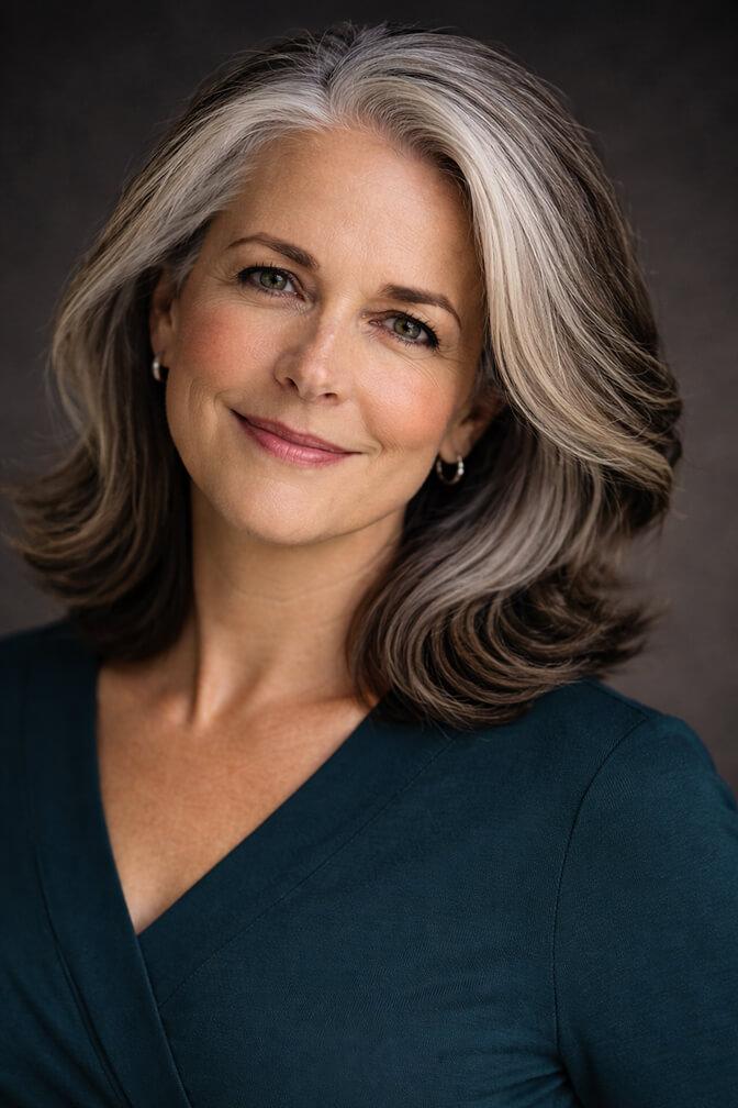 Woman with silver balayage highlights blended into dark brunette shoulder-length layered hair.