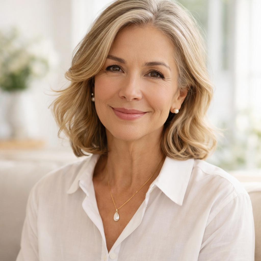 Mature woman with a soft beige blonde layered haircut and naturally blended gray roots.