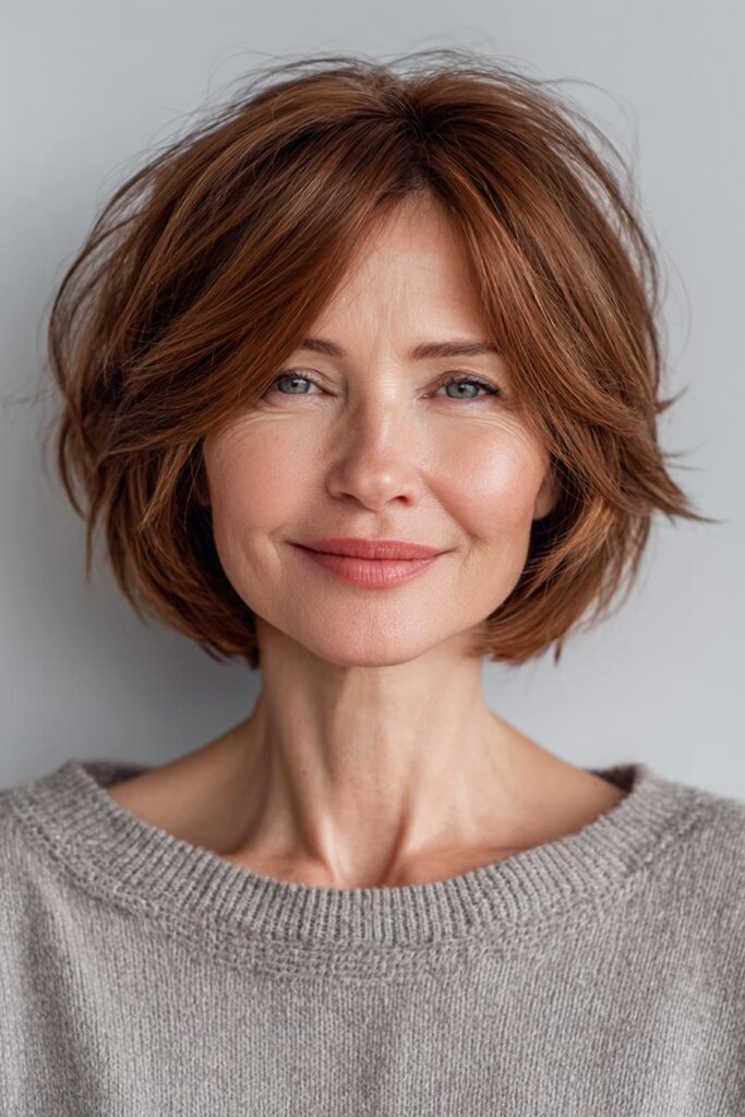 Shoulder-length layered haircut for fine hair over 50 with soft face-framing layers and full ends