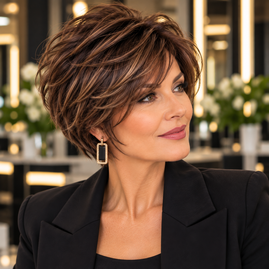 Textured espresso pixie bob with tousled layers, side-swept fringe and natural-looking volume