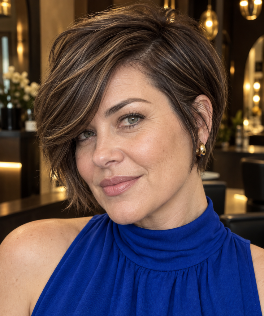 Dimensional brunette bixie with a deep side part and sweeping fringe