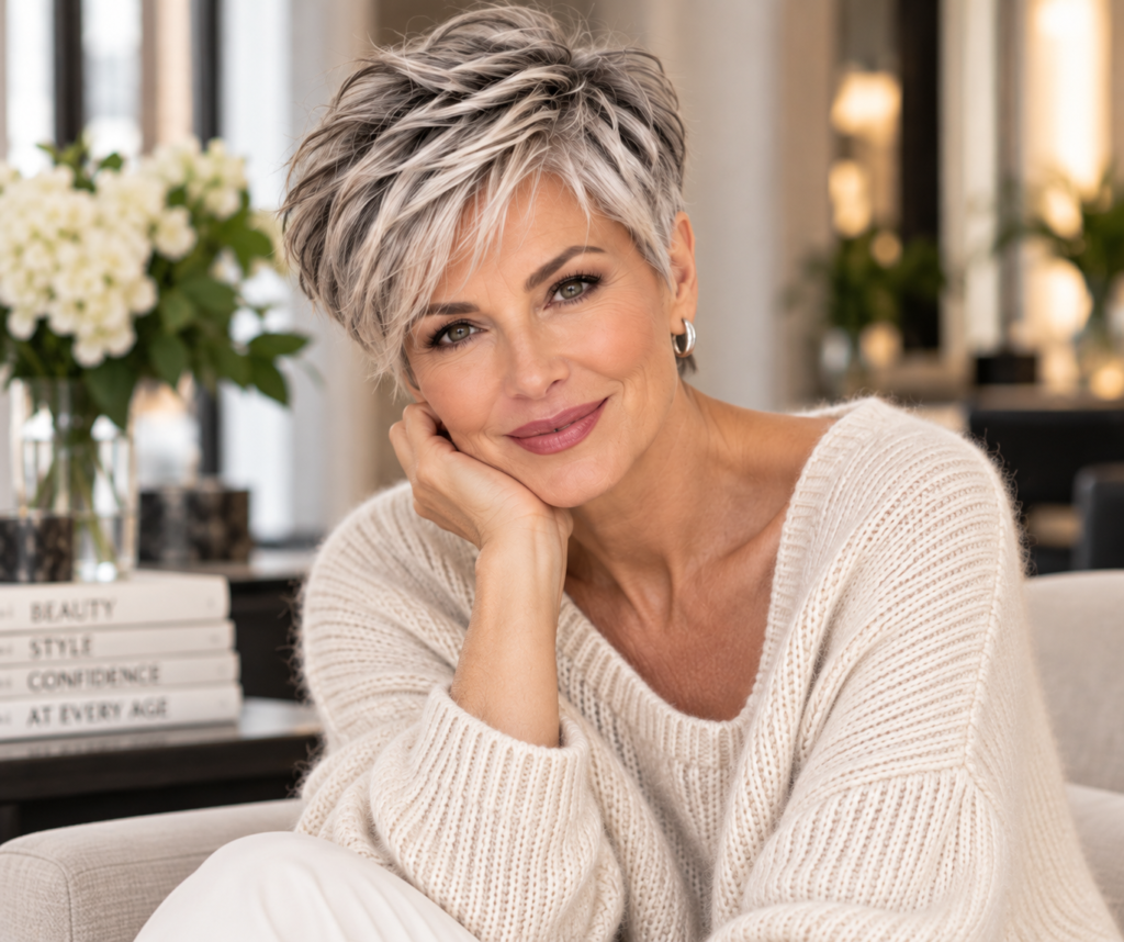 Woman over 50 with a sculpted silver pixie haircut featuring soft texture and longer layers on top.