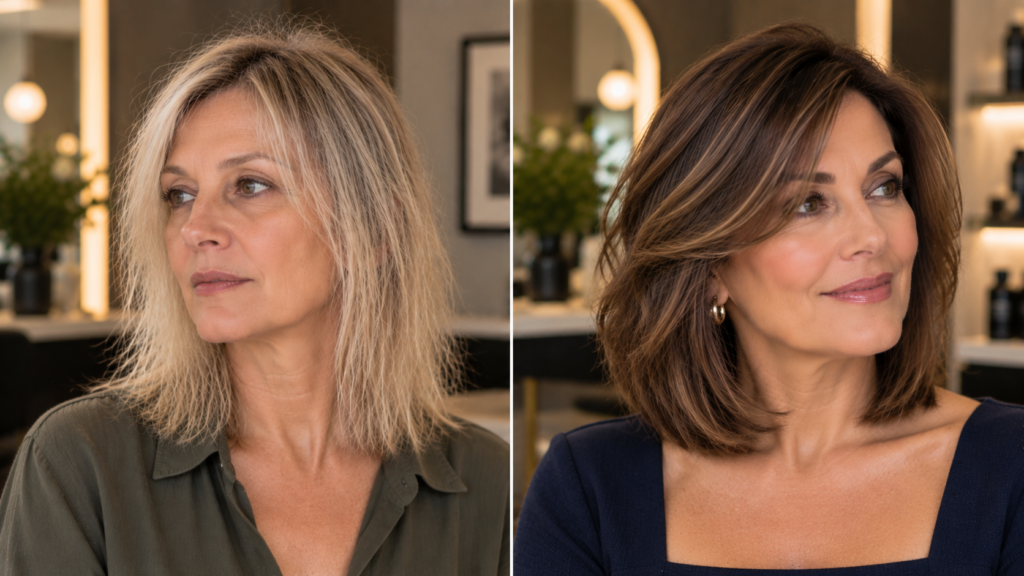 Fine hair lying flat around its natural part compared with a side-parted style that creates more natural root lift