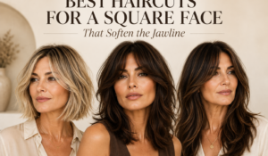 Best haircuts for a square face featuring soft bobs, layers, waves and flattering fringe styles