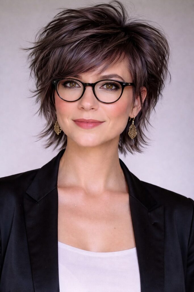 Modern shag haircut with light open fringe and stylish eyeglasses