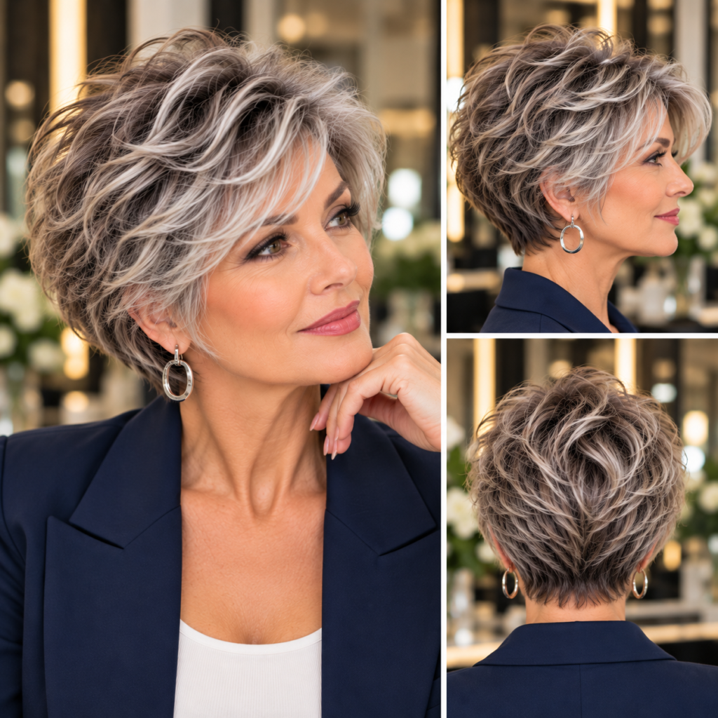 Three-view collage of a wavy salt-and-pepper pixie bob showing natural volume, textured layers and a tapered back