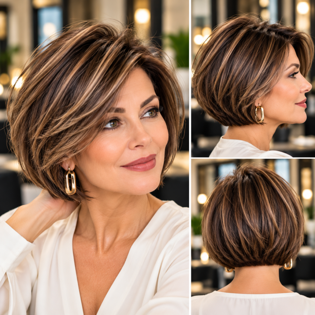 Jaw-length brunette bob with a strong perimeter, shown from the front, side and back