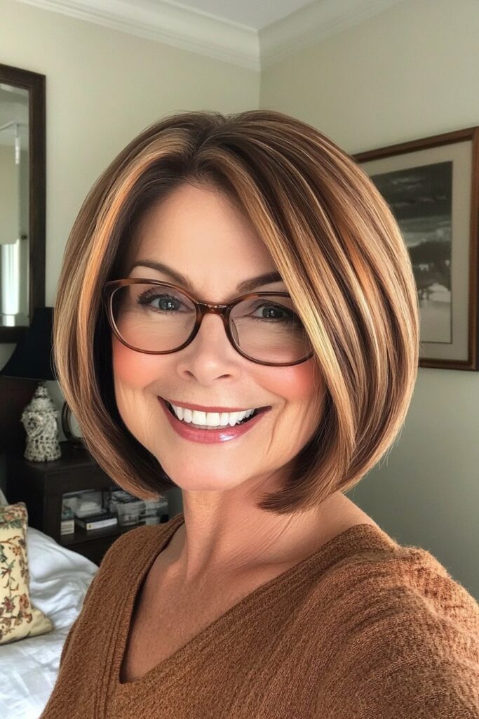 Rounded bob haircut with a side part paired with angular eyeglass frames
