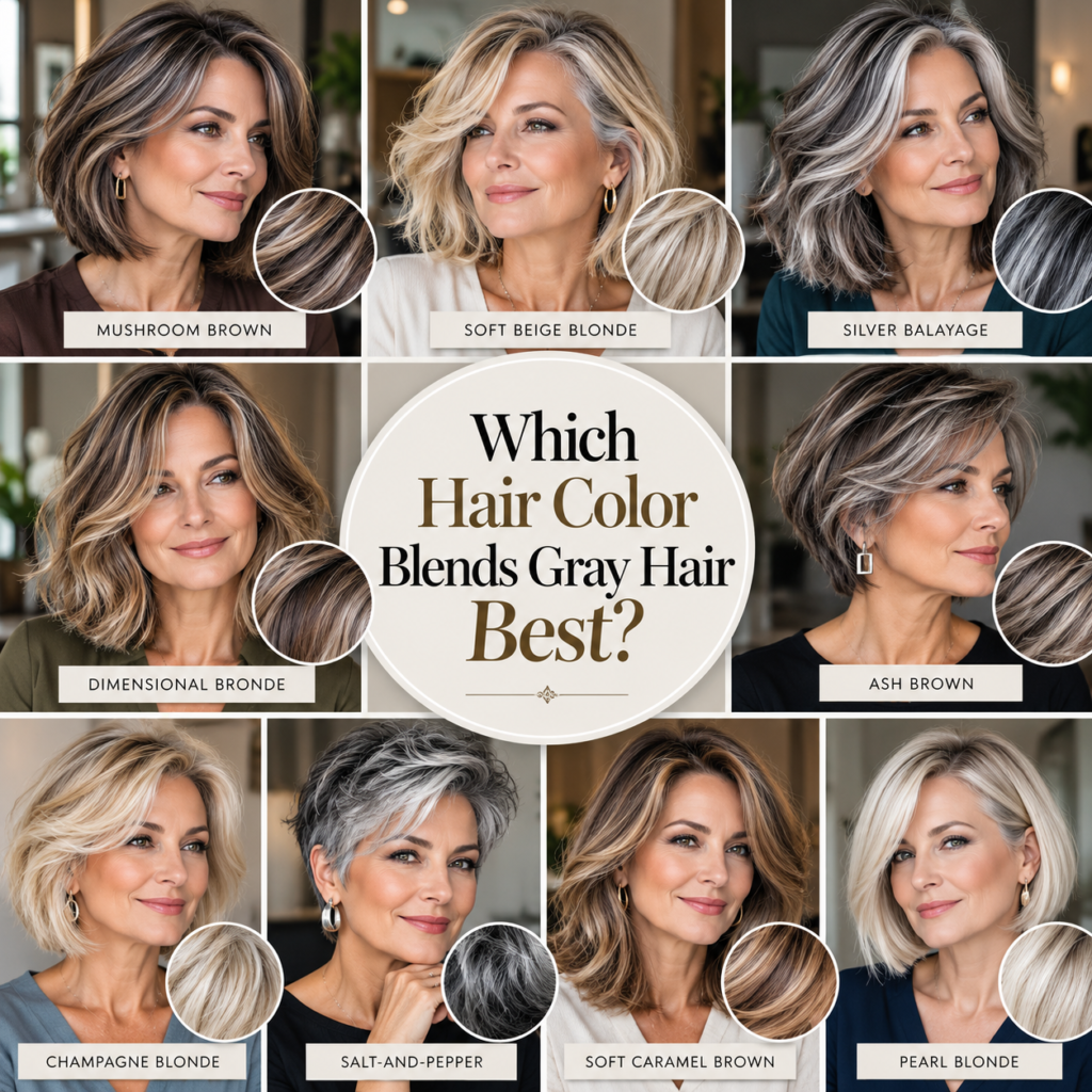 Hair color ideas for women over 50, featuring mushroom brown, beige blonde and silver balayage to blend natural gray hair.