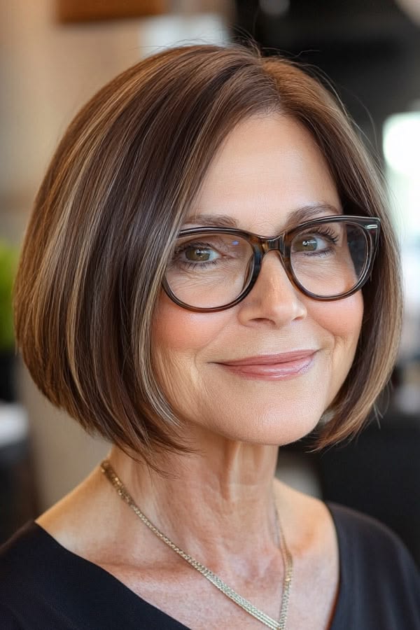 Chin-length bob haircut with a clean shape for a woman wearing glasses
