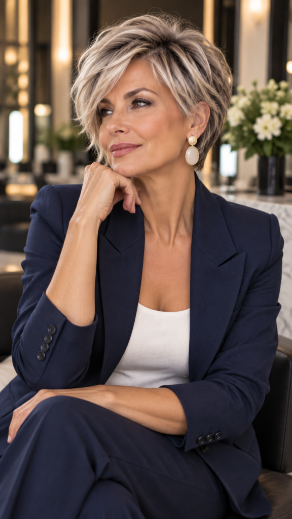 Woman over 50 with an airy layered blonde bob featuring soft movement and face-framing piece