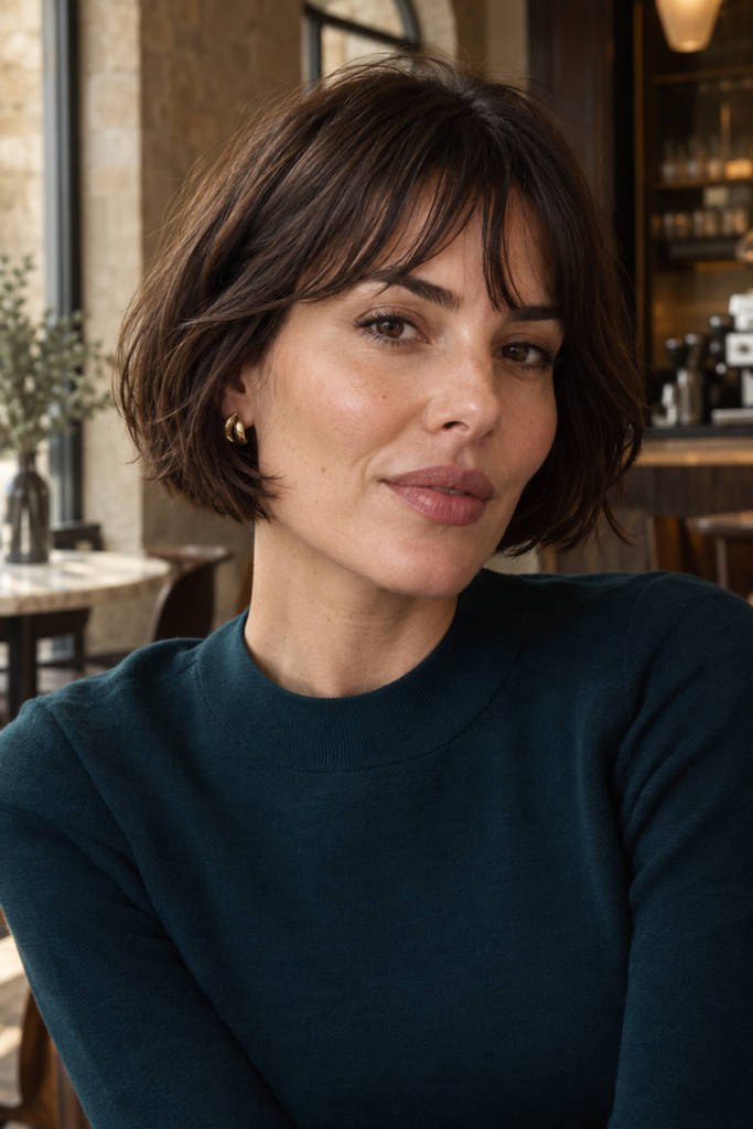 Short chocolate brunette French bob with soft texture and a light fringe