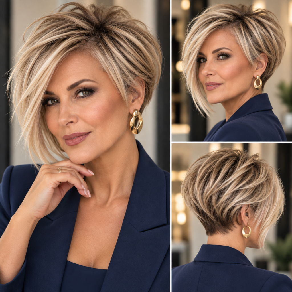 Soft textured bixie with longer layers that add movement to thin hair