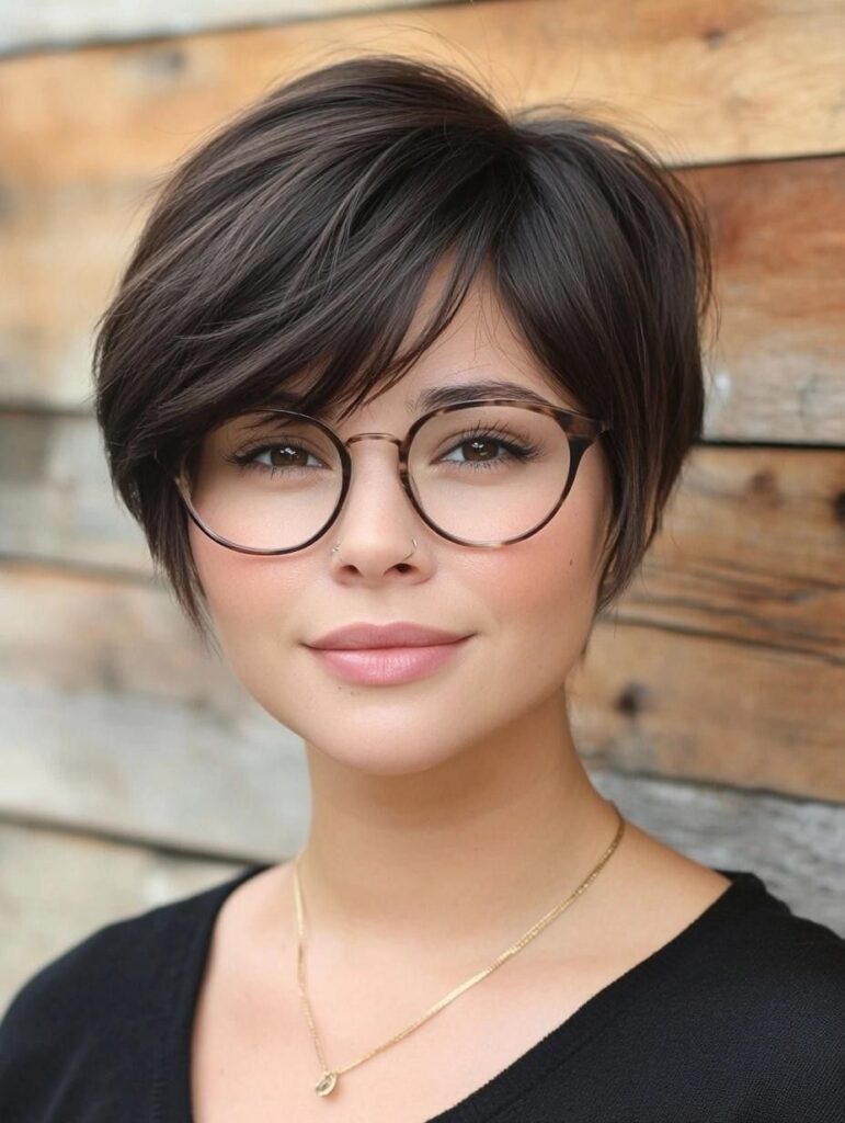 Ear-length layered haircut with soft texture and visible eyeglass frames