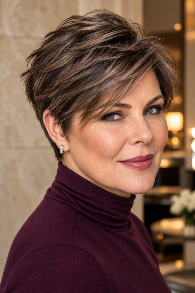 Feathered short haircut for fine hair with soft crown volume