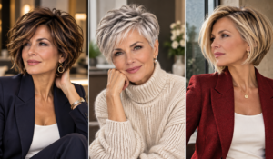 Short haircuts that look expensive after 50, featuring a textured brunette bob, silver pixie and polished blonde bob