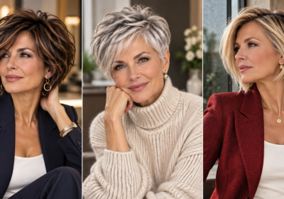 Short haircuts that look expensive after 50, featuring a textured brunette bob, silver pixie and polished blonde bob
