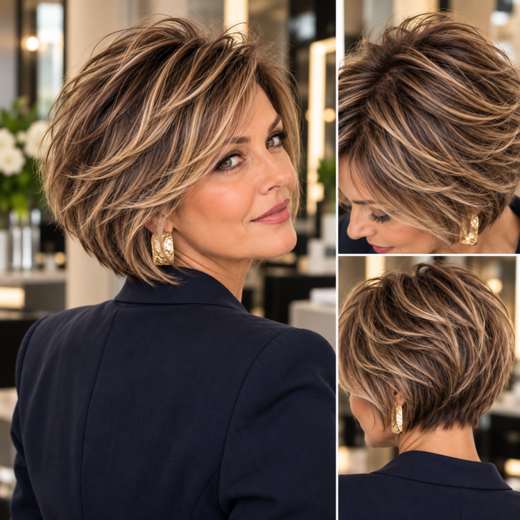 Layered haircut for fine hair over 50 showing crown structure and a fuller perimeter