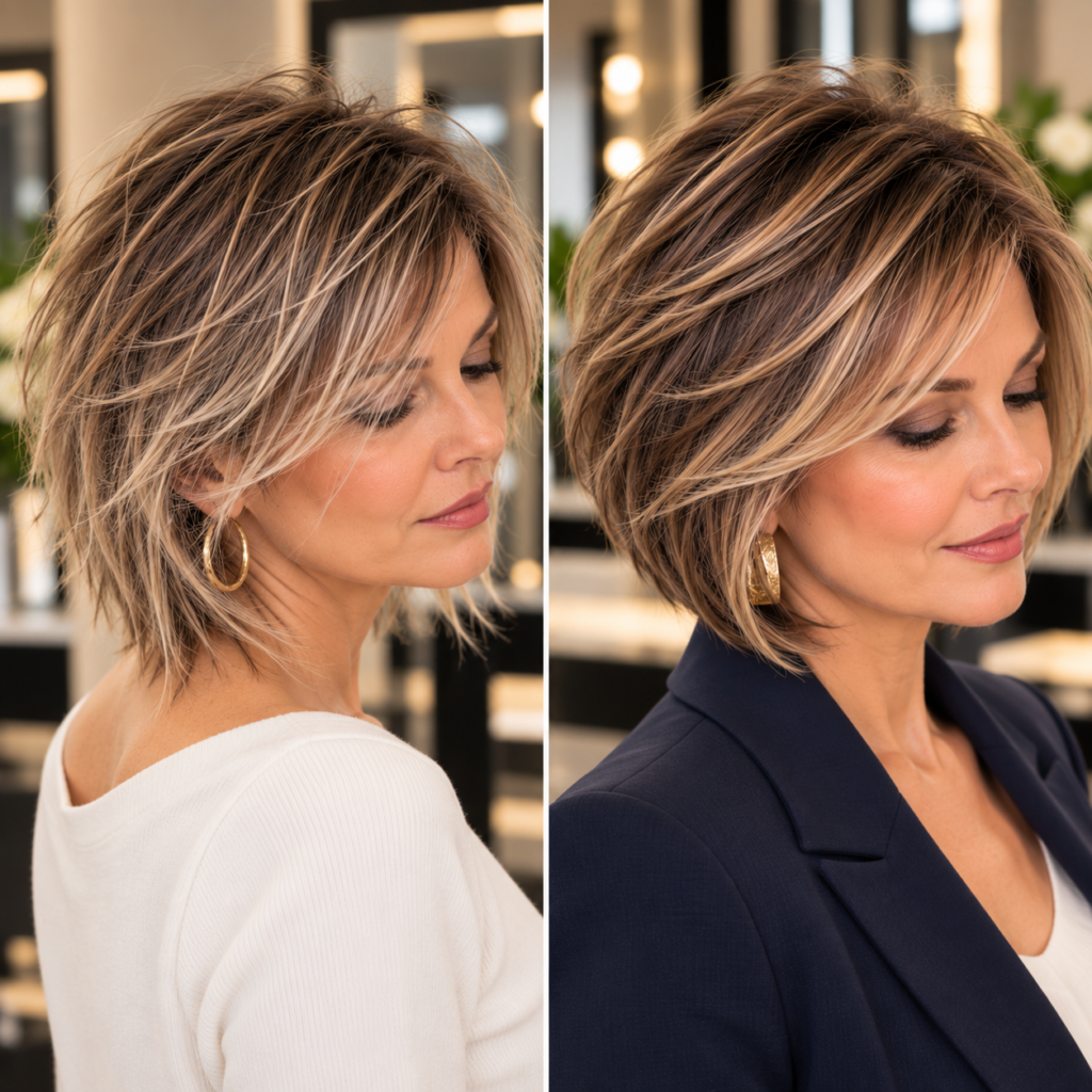 Fine hair over 50 showing wispy ends compared with a fuller haircut shape