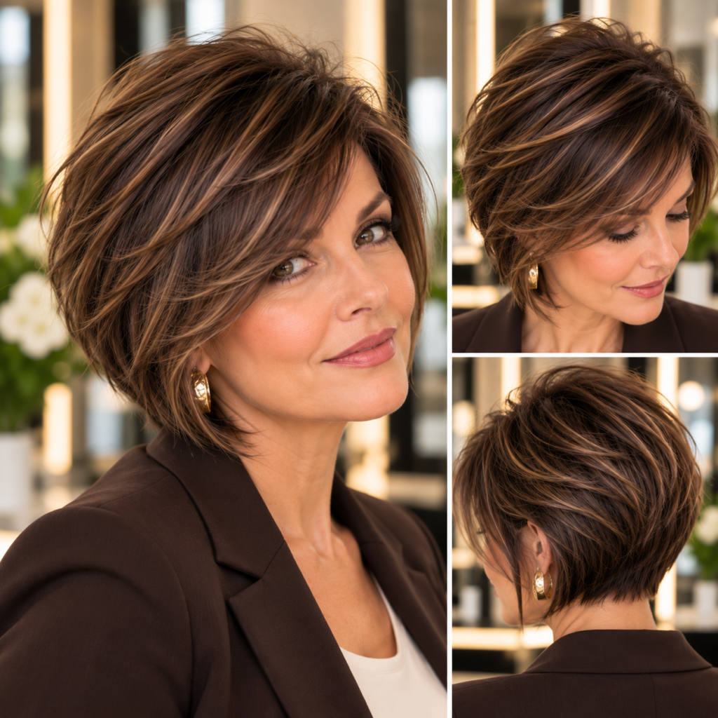 Side-swept fringe for fine hair over 50 designed to preserve density around the