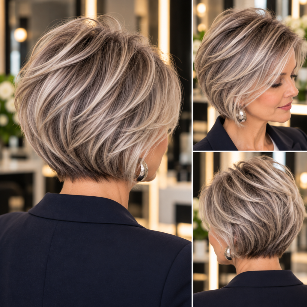 Silver bob for fine hair over 50 showing a strong full perimeter from the back