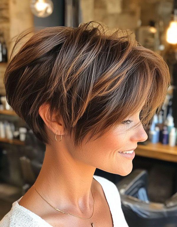 Soft brunette bixie with gentle crown volume for fine hair