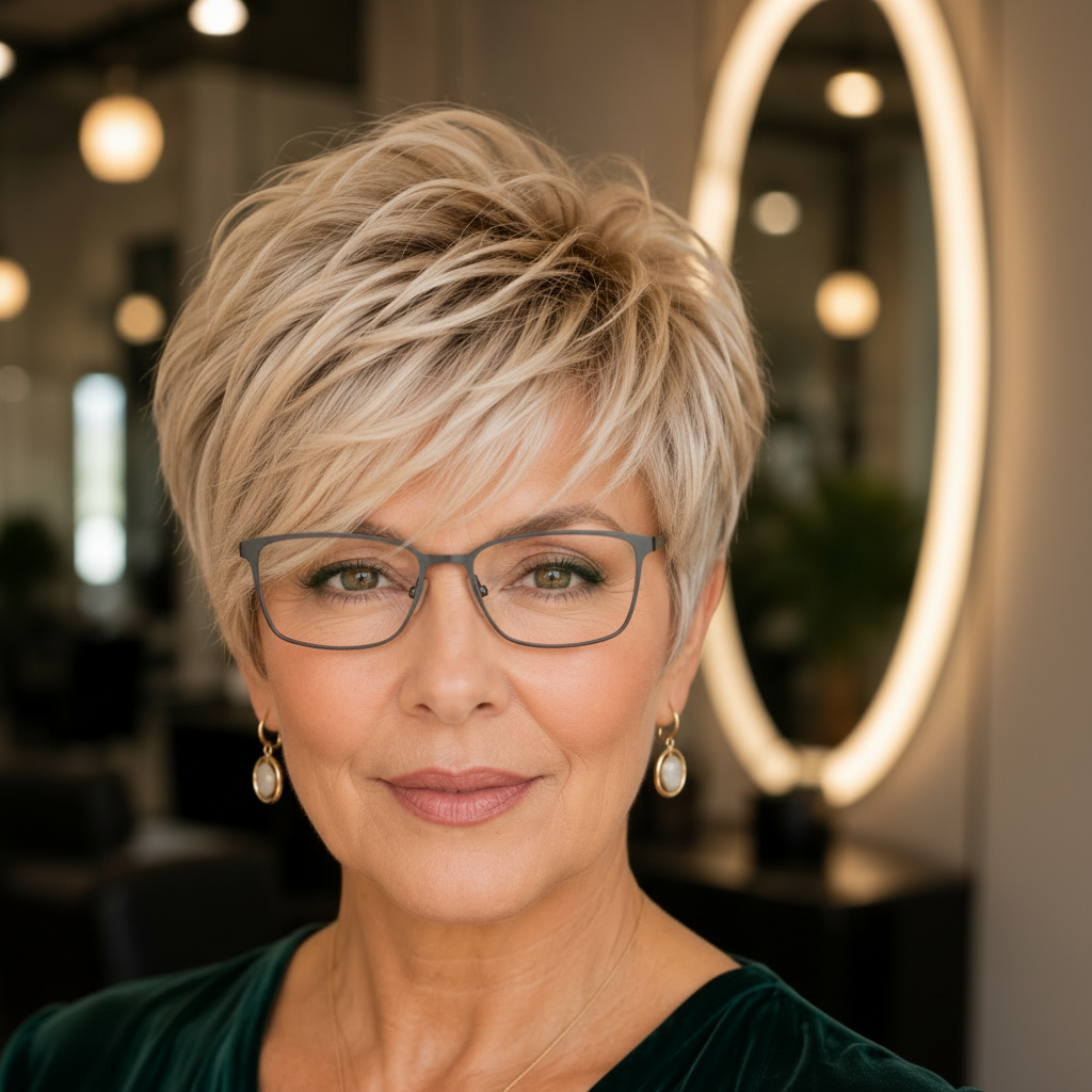 Soft pixie haircut with side-swept fringe styled with modern eyeglasses