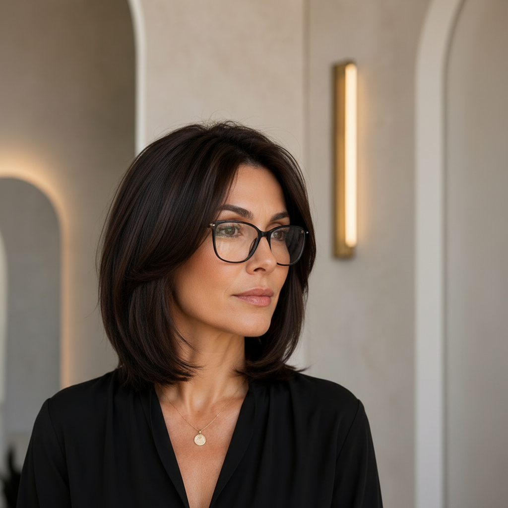 Shoulder-length haircut with soft layers framing the face around glasses