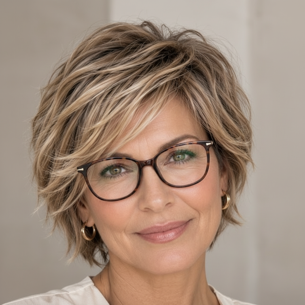 Short brunette shag with controlled layers and textured crown, shown from three angles